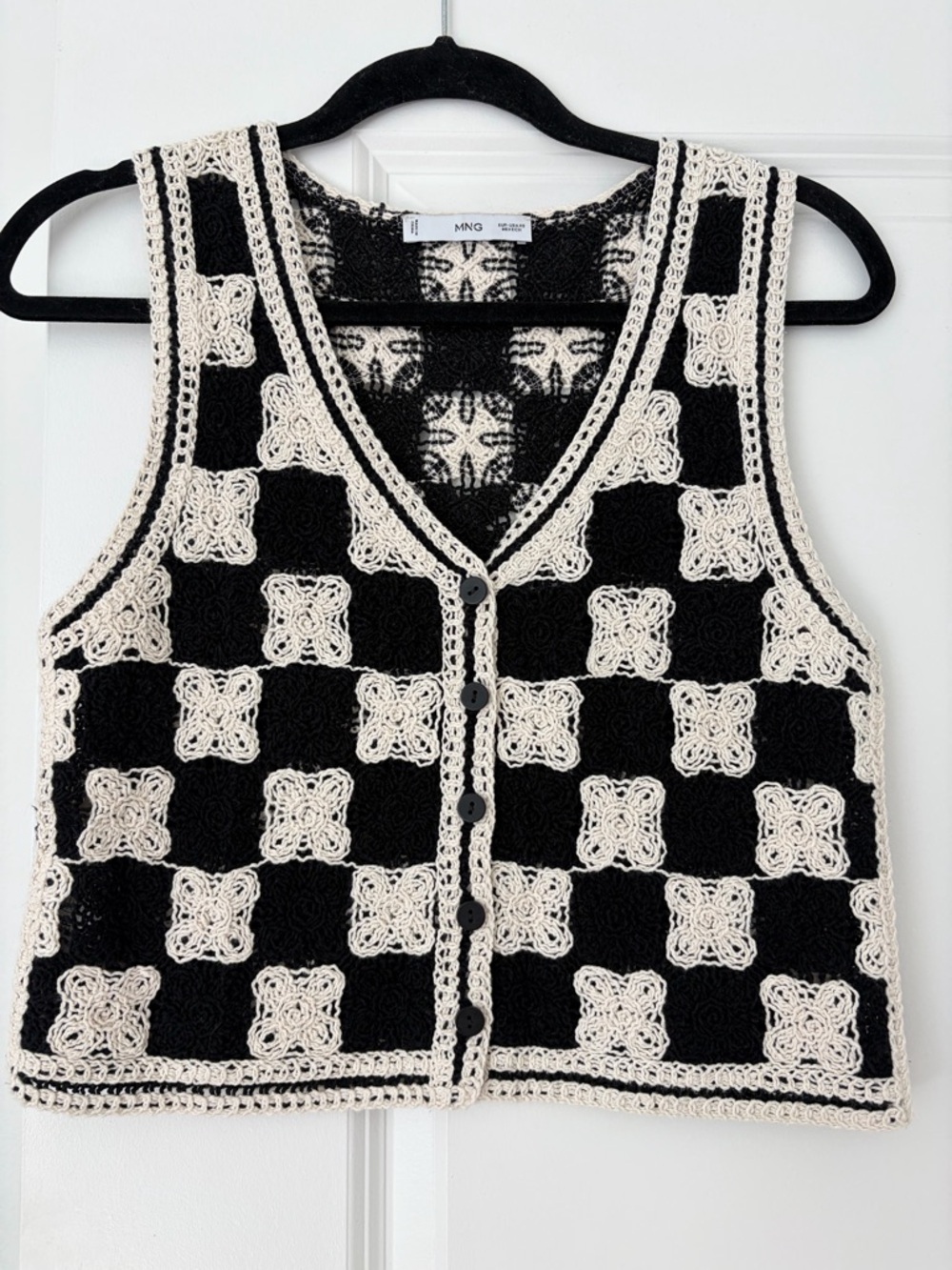 Mango Crochet Checkerboard Knit Vest in Black & Cream